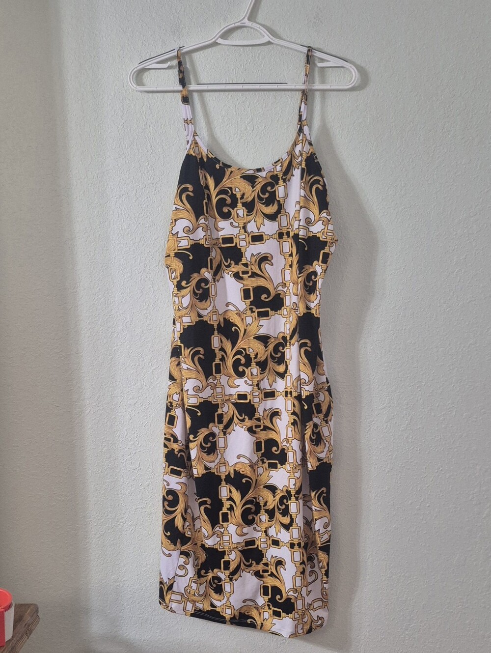 Gold Baroque Print Slip Midi Dress in Black and White